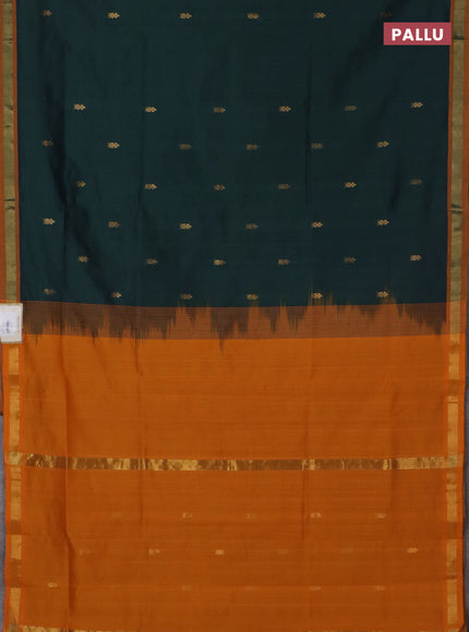 Semi silk cotton saree bottle green and mustard yellow with zari woven buttas and zari woven border