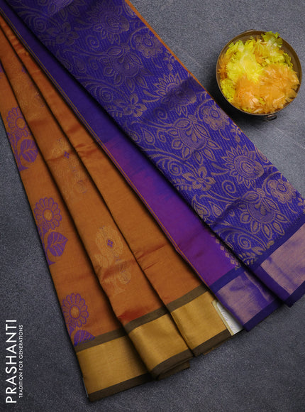 Semi silk cotton saree dark mustard and purple with zari woven buttas and zari woven border