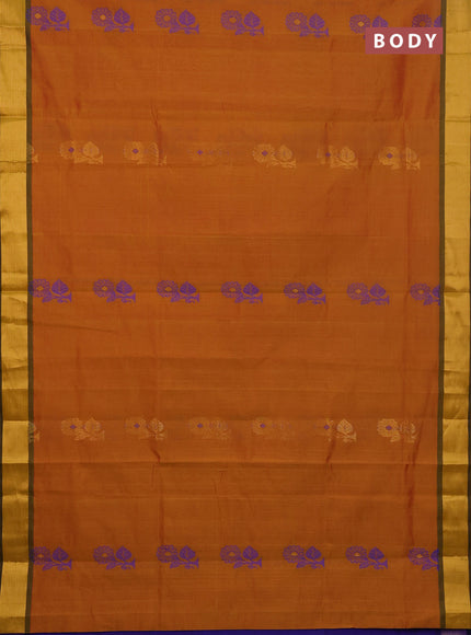 Semi silk cotton saree dark mustard and purple with zari woven buttas and zari woven border