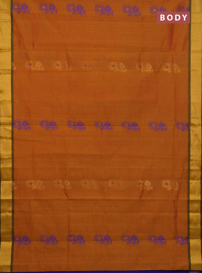 Semi silk cotton saree dark mustard and purple with zari woven buttas and zari woven border