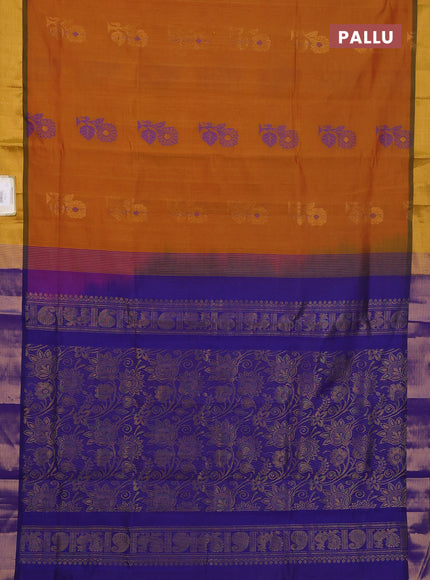 Semi silk cotton saree dark mustard and purple with zari woven buttas and zari woven border
