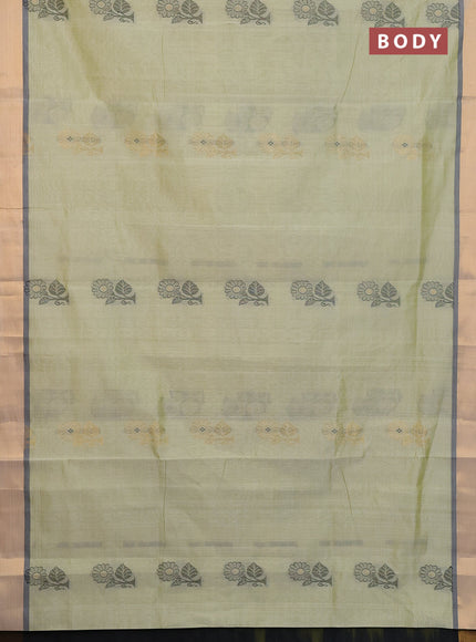 Semi silk cotton saree mild pista green and black with zari woven buttas and zari woven border