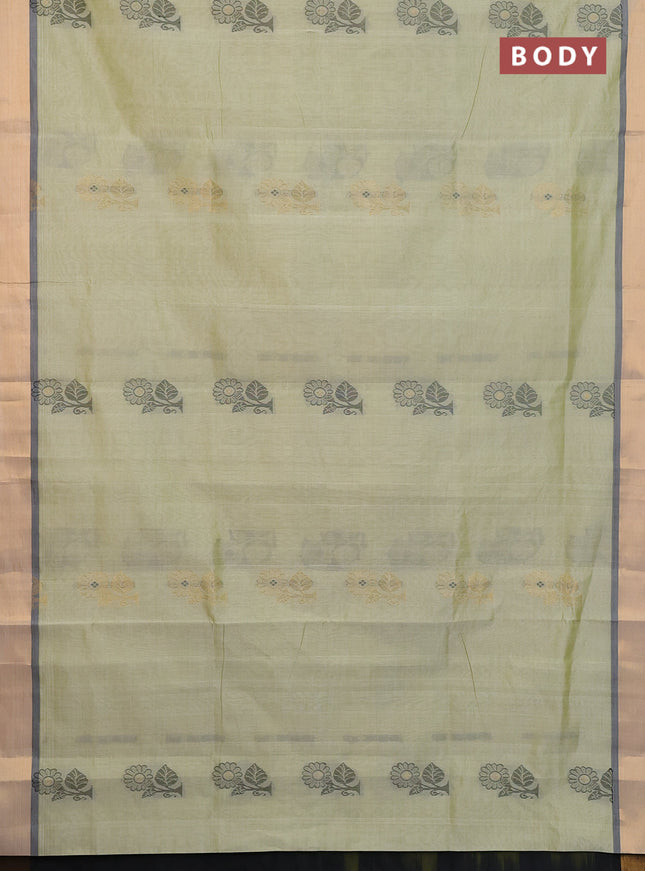 Semi silk cotton saree mild pista green and black with zari woven buttas and zari woven border