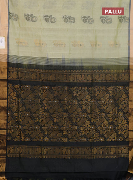 Semi silk cotton saree mild pista green and black with zari woven buttas and zari woven border