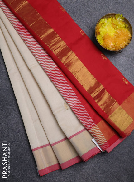 Semi silk cotton saree off white and red with zari woven buttas and zari woven border