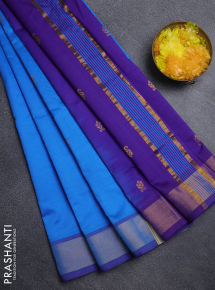 Semi silk cotton saree cs blue and purple with zari woven buttas and zari woven border