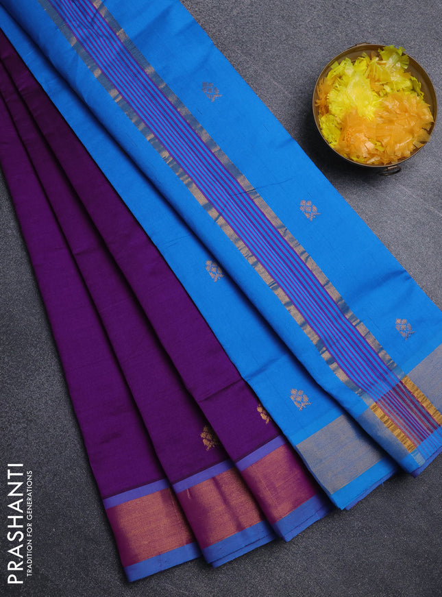 Semi silk cotton saree purple and cs blue with allover zari woven buttas and zari woven border