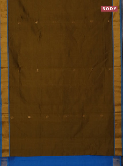 Semi silk cotton saree dark mustard and cs blue with allover zari woven buttas and zari woven border