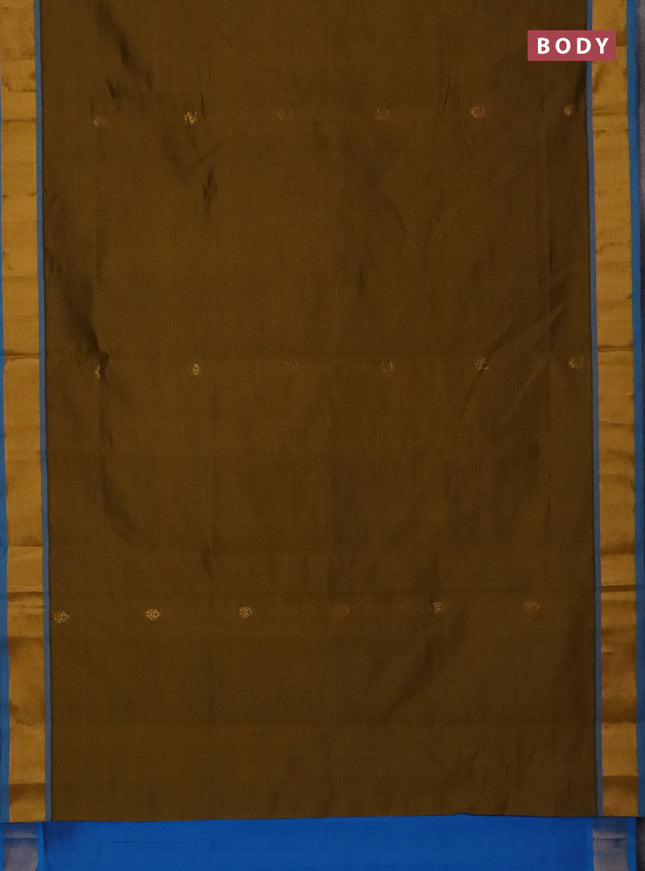 Semi silk cotton saree dark mustard and cs blue with allover zari woven buttas and zari woven border