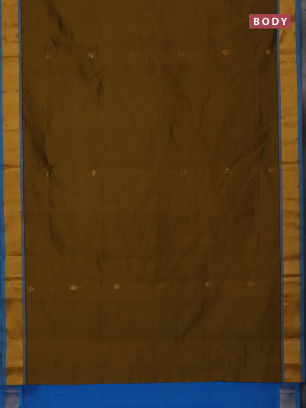 Semi silk cotton saree dark mustard and cs blue with allover zari woven buttas and zari woven border