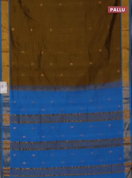 Semi silk cotton saree dark mustard and cs blue with allover zari woven buttas and zari woven border