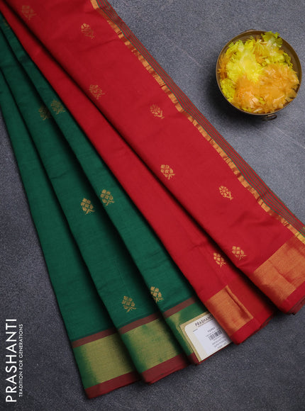 Semi silk cotton saree green and red with allover zari woven buttas and zari woven border