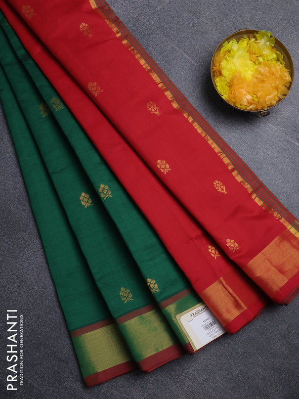 Semi silk cotton saree green and red with allover zari woven buttas and zari woven border