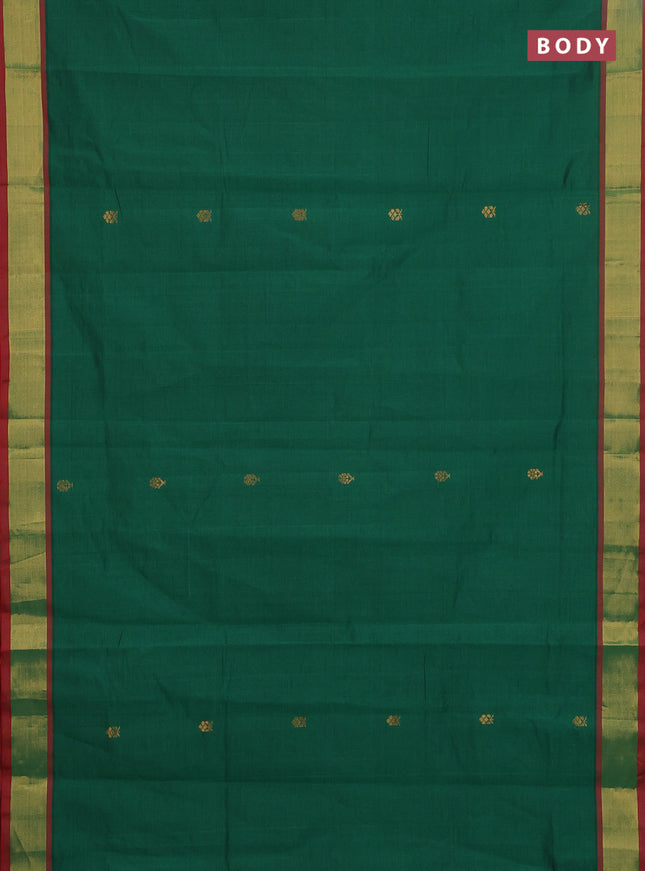 Semi silk cotton saree green and red with allover zari woven buttas and zari woven border