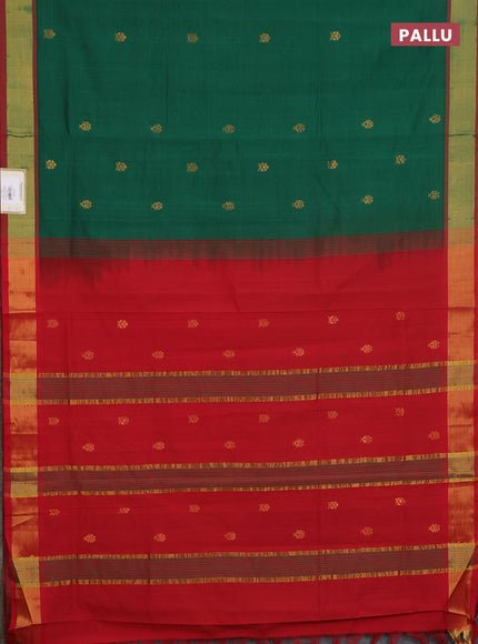 Semi silk cotton saree green and red with allover zari woven buttas and zari woven border