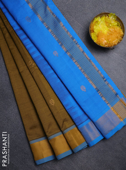 Semi silk cotton saree dark mustard and cs blue with allover zari woven buttas and zari woven border