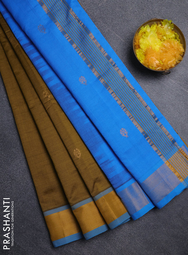 Semi silk cotton saree dark mustard and cs blue with allover zari woven buttas and zari woven border