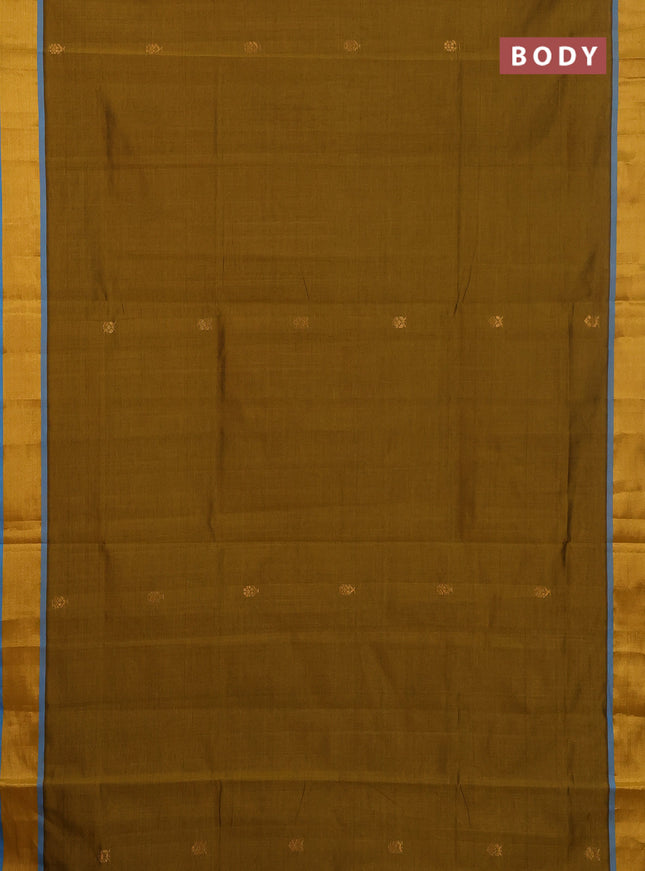 Semi silk cotton saree dark mustard and cs blue with allover zari woven buttas and zari woven border
