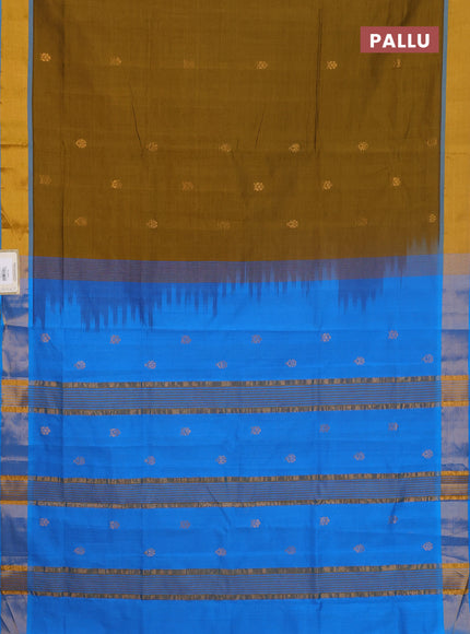 Semi silk cotton saree dark mustard and cs blue with allover zari woven buttas and zari woven border