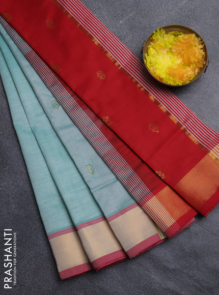 Semi silk cotton saree teal green shade and red with allover zari woven buttas and zari woven border