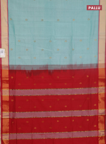 Semi silk cotton saree teal green shade and red with allover zari woven buttas and zari woven border