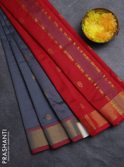 Semi silk cotton saree grey and red with allover zari woven buttas and zari woven border