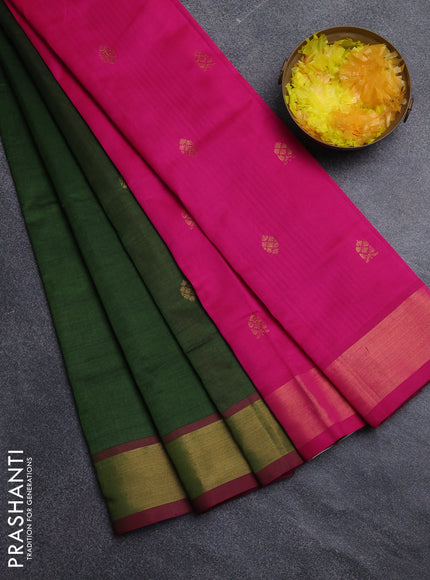 Semi silk cotton saree green and pink with allover zari woven buttas and zari woven border