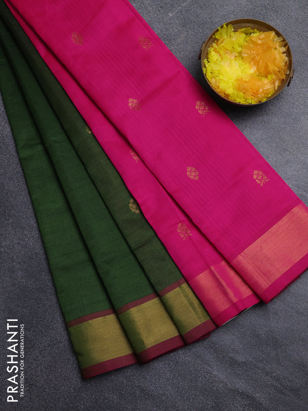 Semi silk cotton saree green and pink with allover zari woven buttas and zari woven border