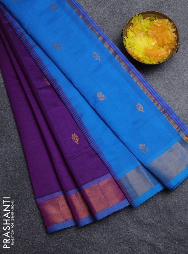 Semi silk cotton saree purple and cs blue with allover zari woven buttas and zari woven border