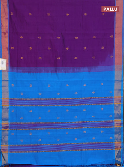 Semi silk cotton saree purple and cs blue with allover zari woven buttas and zari woven border