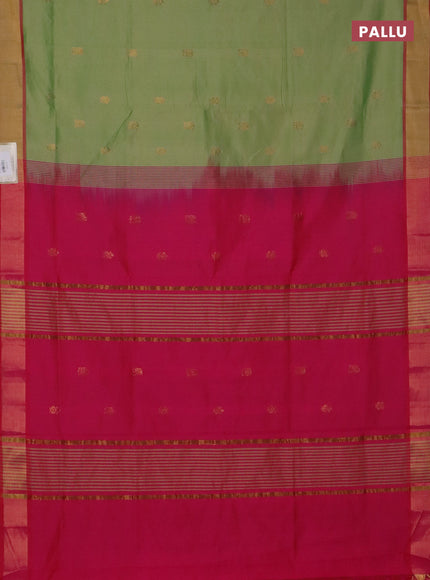 Semi silk cotton saree pastel green and pink with allover zari woven buttas and zari woven border