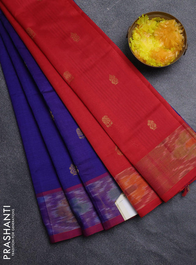 Semi silk cotton saree blue and red with allover zari woven buttas and ikat zari woven border