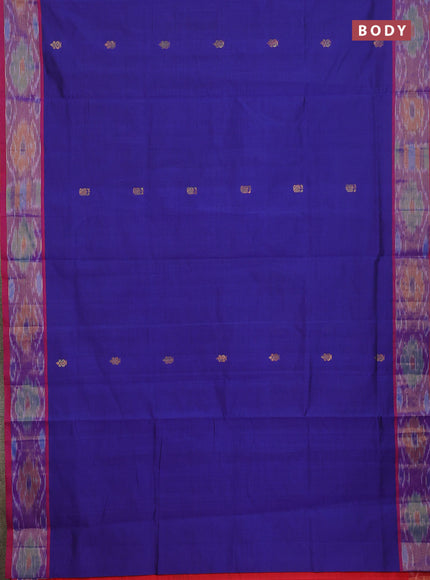 Semi silk cotton saree blue and red with allover zari woven buttas and ikat zari woven border