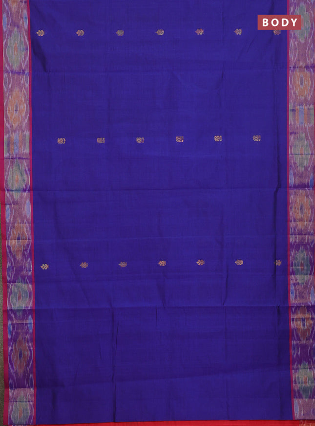Semi silk cotton saree blue and red with allover zari woven buttas and ikat zari woven border
