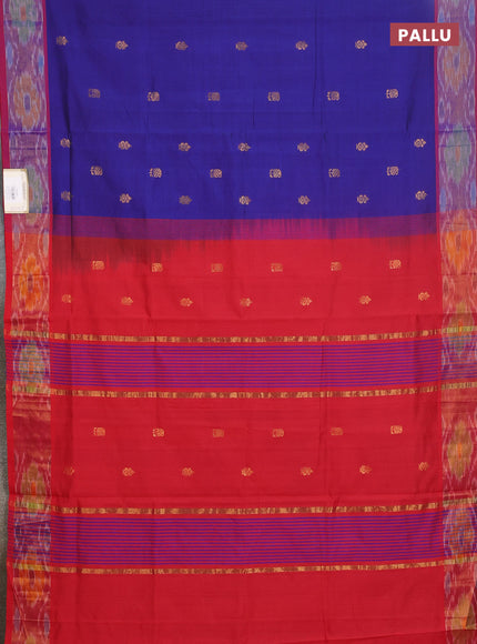 Semi silk cotton saree blue and red with allover zari woven buttas and ikat zari woven border