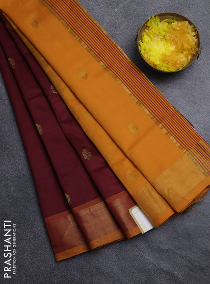 Semi silk cotton saree deep maroon and mustard yellow with zari woven buttas and zari woven border