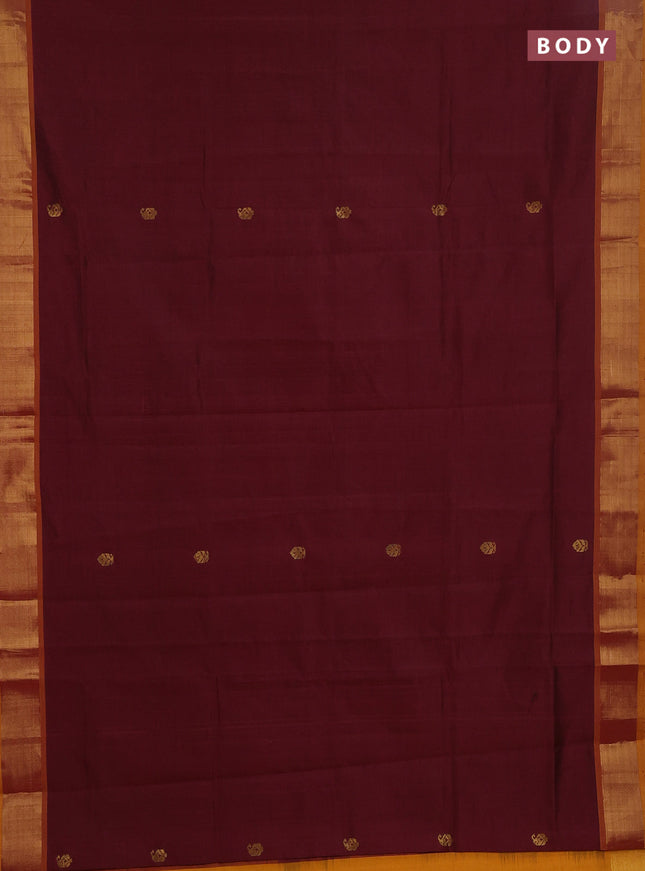 Semi silk cotton saree deep maroon and mustard yellow with zari woven buttas and zari woven border