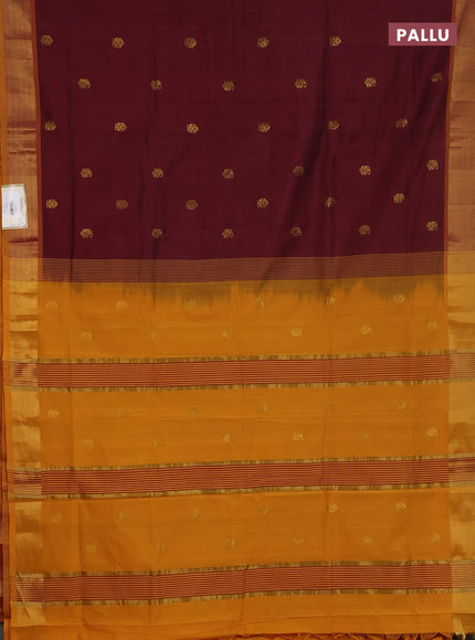 Semi silk cotton saree deep maroon and mustard yellow with zari woven buttas and zari woven border