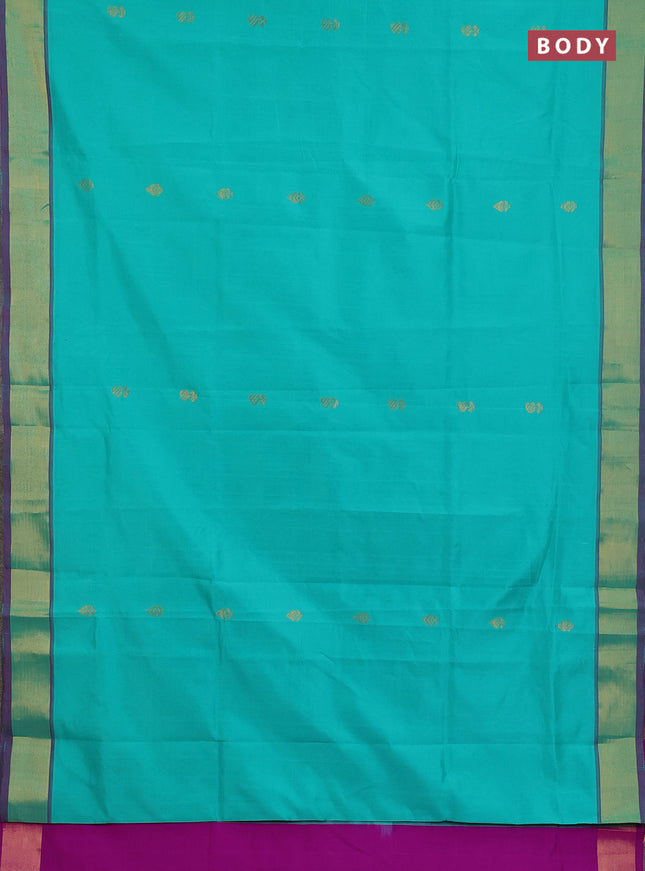 Semi silk cotton saree teal green and pink with allover zari woven buttas and zari woven border