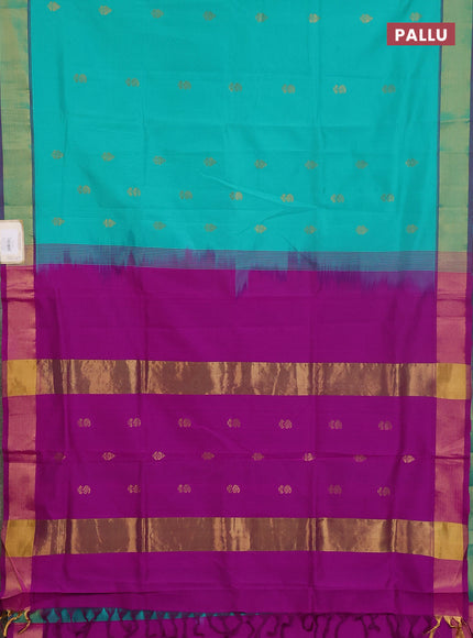 Semi silk cotton saree teal green and pink with allover zari woven buttas and zari woven border