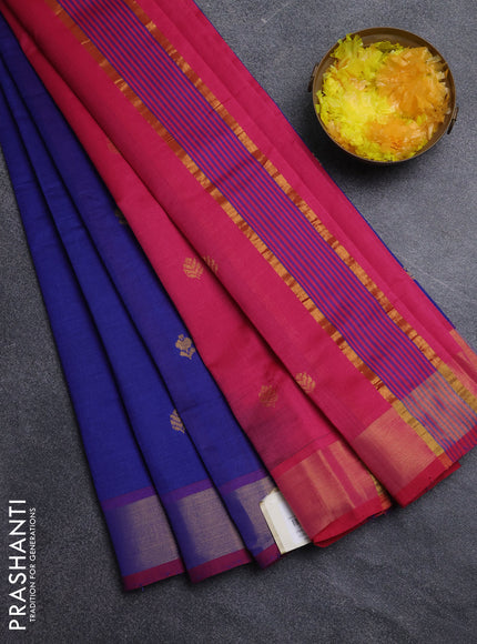 Semi silk cotton saree blue and pink with zari woven buttas and zari woven border