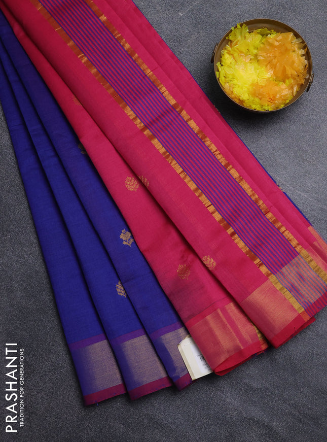 Semi silk cotton saree blue and pink with zari woven buttas and zari woven border
