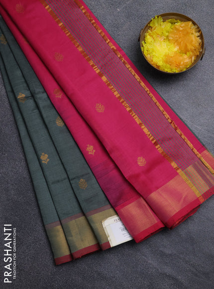 Semi silk cotton saree grey and pink with zari woven buttas and zari woven border