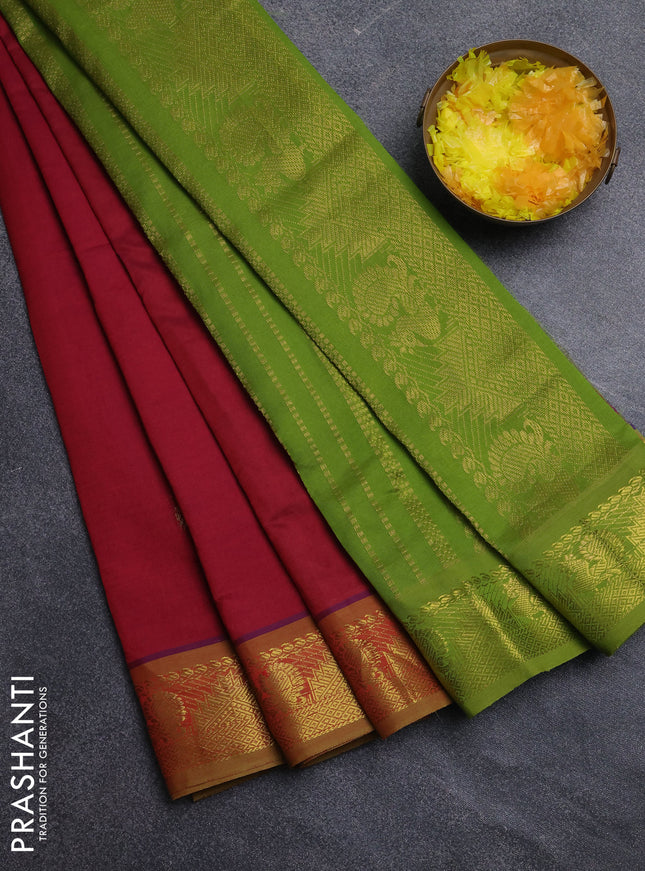 Semi silk cotton saree maroon and light green with zari woven buttas and annam zari woven