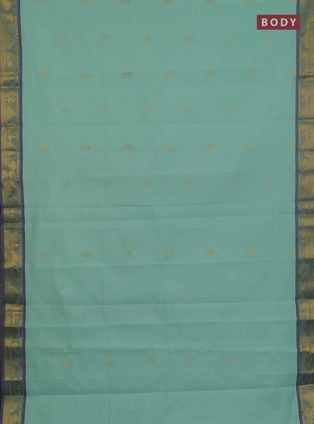 Semi silk cotton saree teal green and blue with zari woven buttas and annam zari woven
