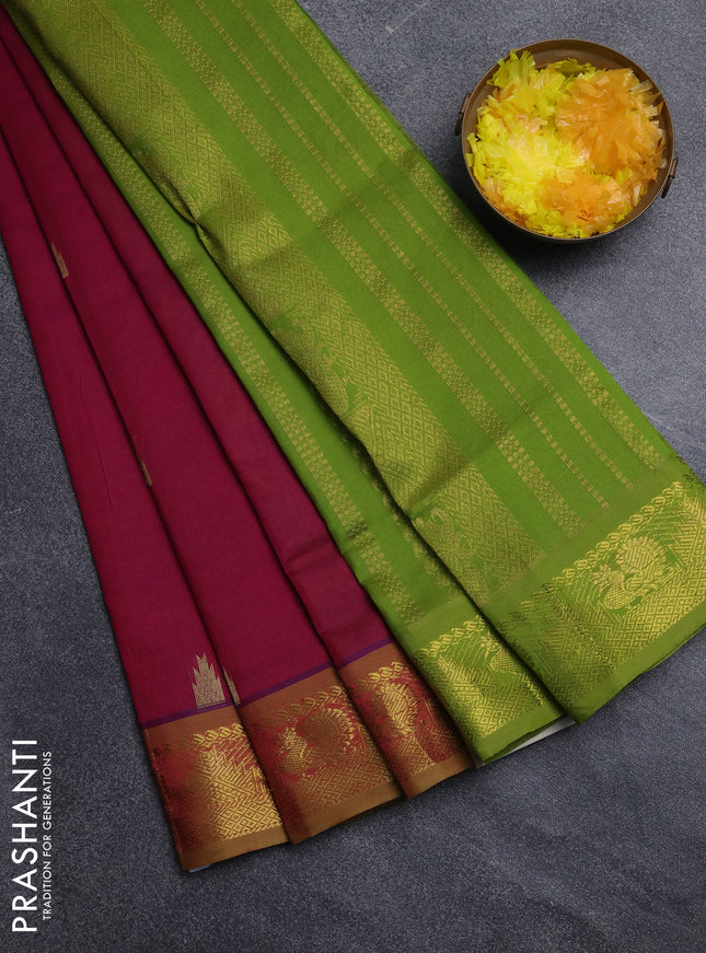 Semi silk cotton saree magenta pink and light green with zari woven buttas and annam zari woven