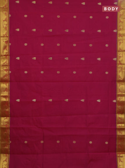 Semi silk cotton saree magenta pink and light green with zari woven buttas and annam zari woven