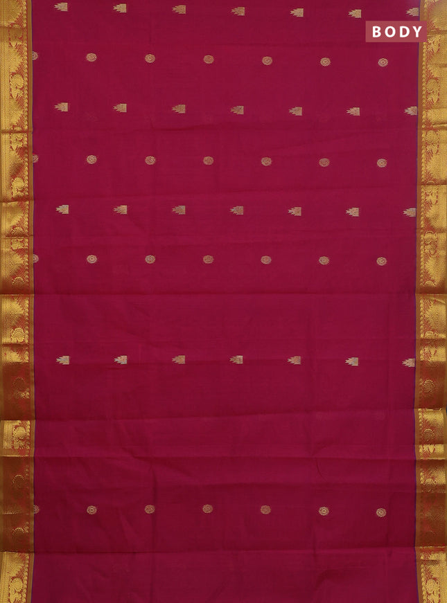 Semi silk cotton saree magenta pink and light green with zari woven buttas and annam zari woven