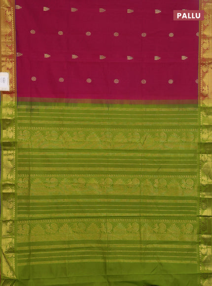 Semi silk cotton saree magenta pink and light green with zari woven buttas and annam zari woven