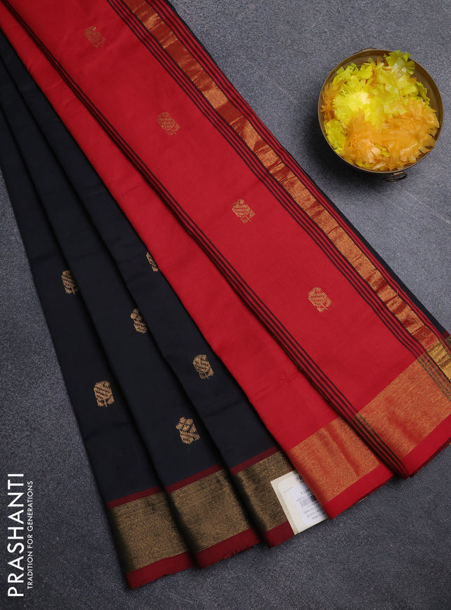 Semi silk cotton saree black and red with zari woven buttas and zari woven border